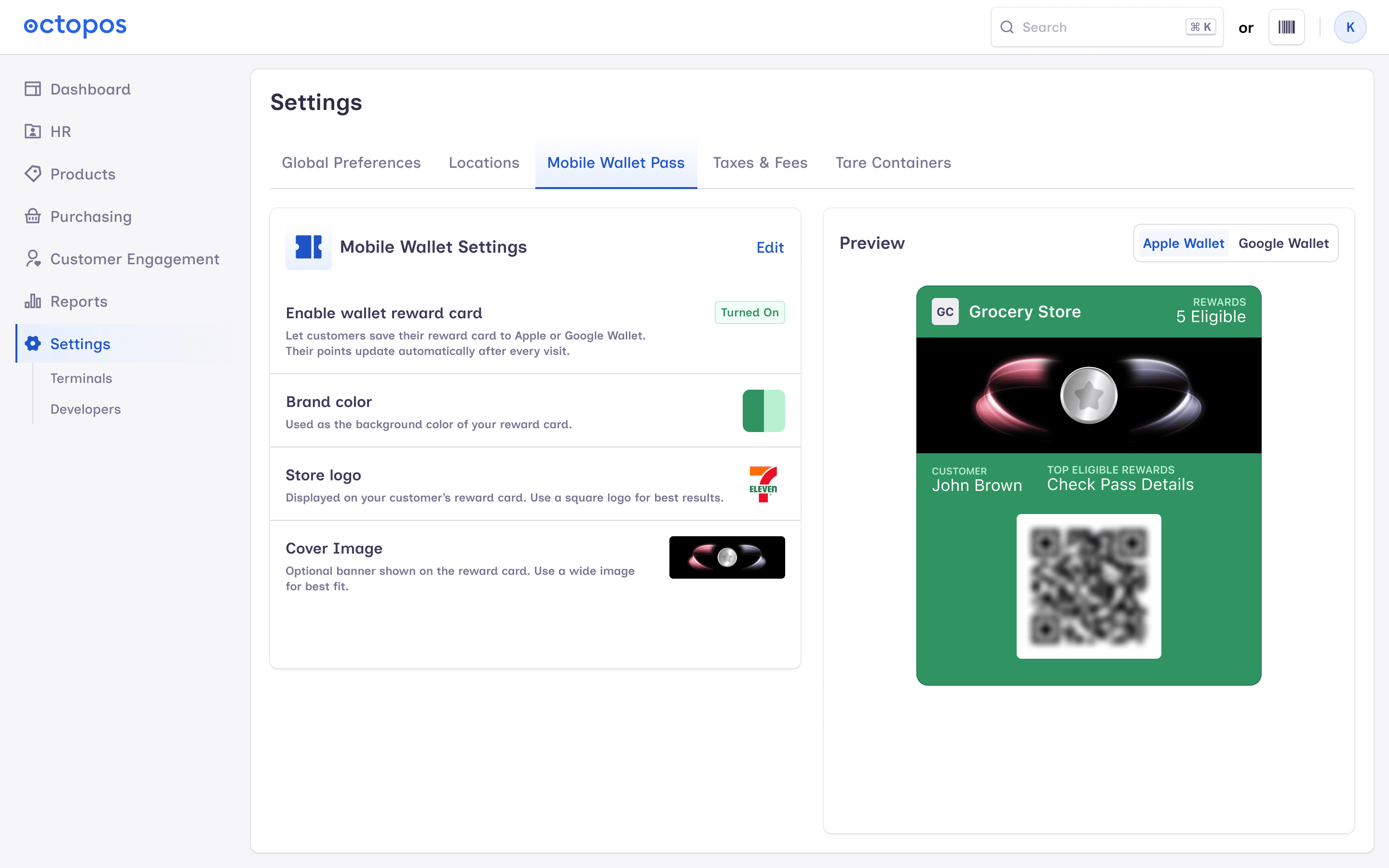 Wallet pass preview in BackOffice with your brand colors and cover image
