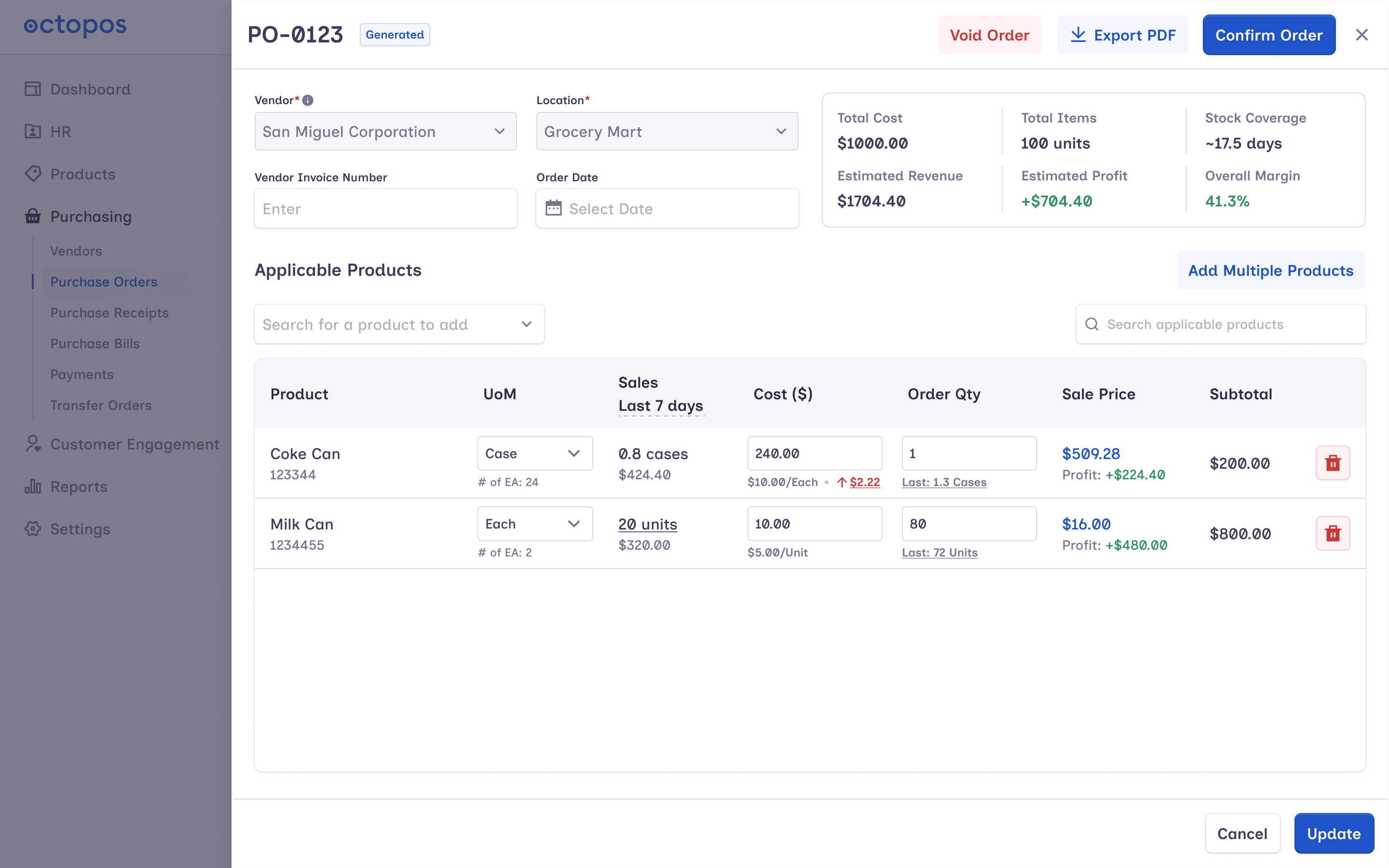 Redesigned Purchase Order with PO Formula and Purchase Trend chart