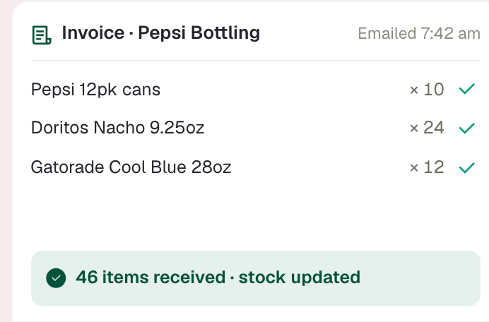 Pepsi Bottling invoice checked in line by line: 46 items received, stock updated