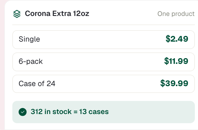 Corona Extra 12oz sold as single, 6-pack and case of 24 from one product: 312 in stock = 13 cases