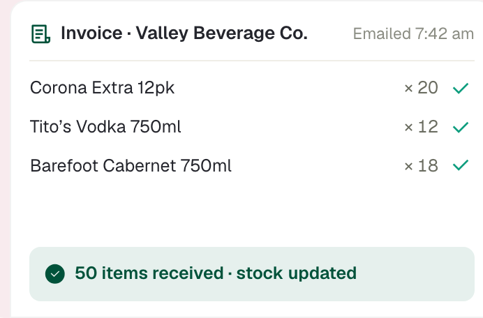 Valley Beverage Co. invoice checked in line by line: 50 items received, stock updated