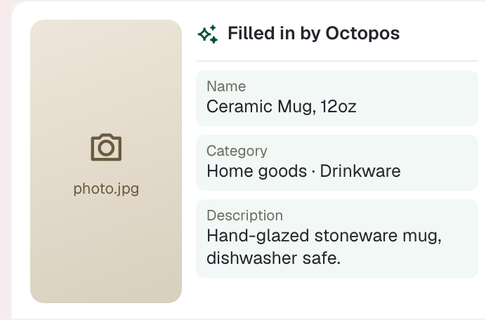 Product photo with the name, category and description filled in by Octopos: Ceramic Mug, 12oz