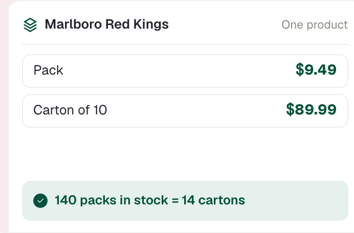 Marlboro Red Kings sold as pack and carton of 10 from one product: 140 packs in stock = 14 cartons
