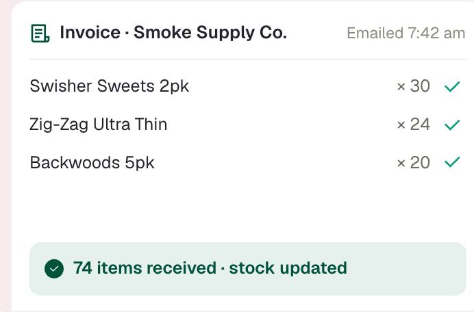 Smoke Supply Co. invoice checked in line by line: 74 items received, stock updated